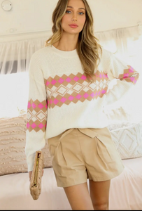 White and Pink Harlequin Print Sweater