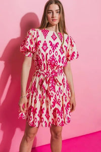 Fuchsia and Cream Printed Mini Dress