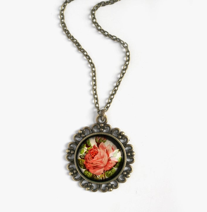 Victorian Tea Rose Pendant Necklace