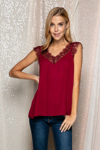 Burgundy Lace Trimmed Tank Top