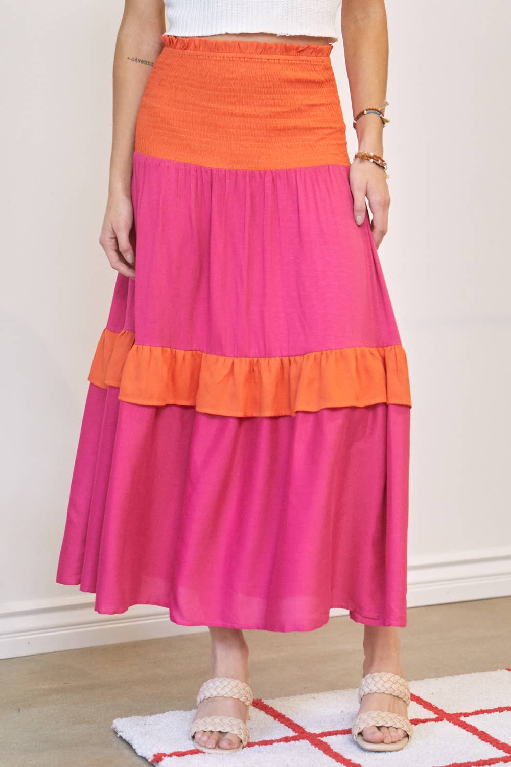 Color Block Smocked Maxi Skirt