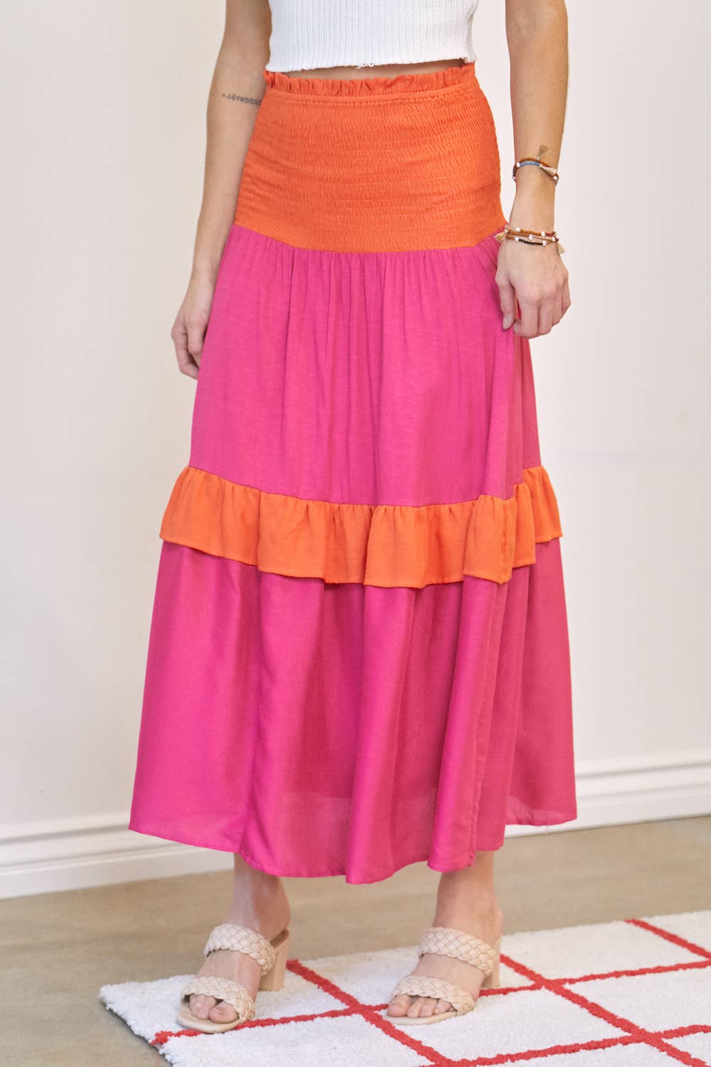 Color Block Smocked Maxi Skirt