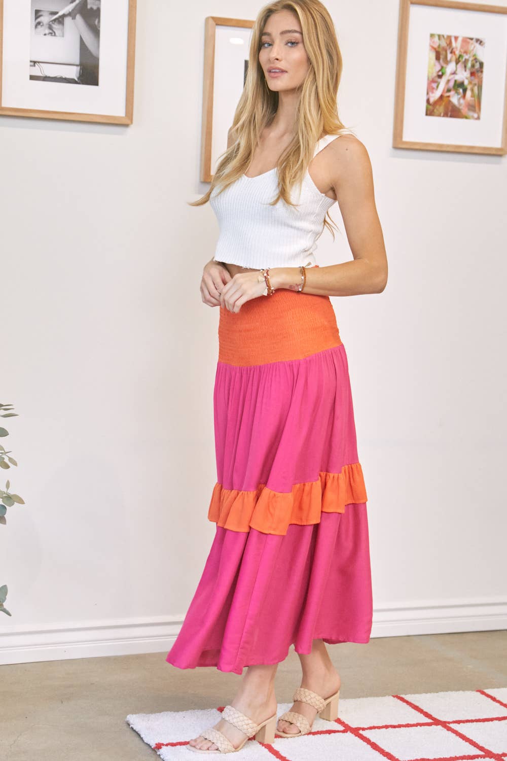 Color Block Smocked Maxi Skirt