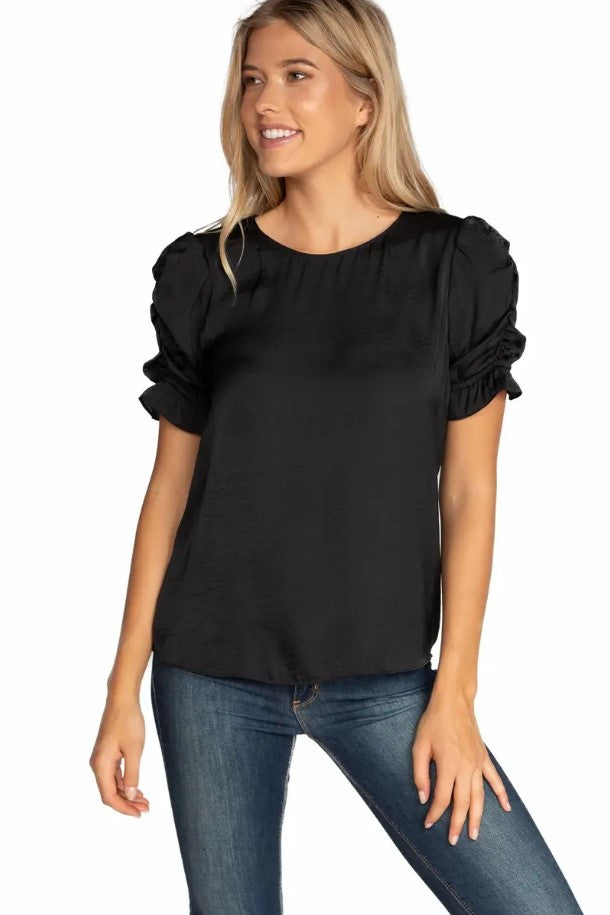 Ruched Sleeve Black Top