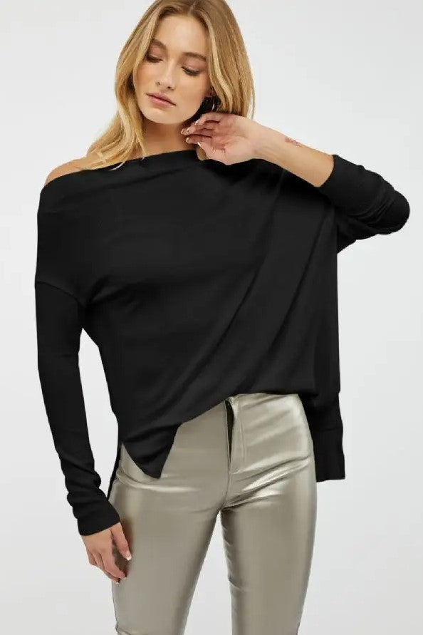 Boat Neck Dolman Sleeve Loose Sweater Top Black