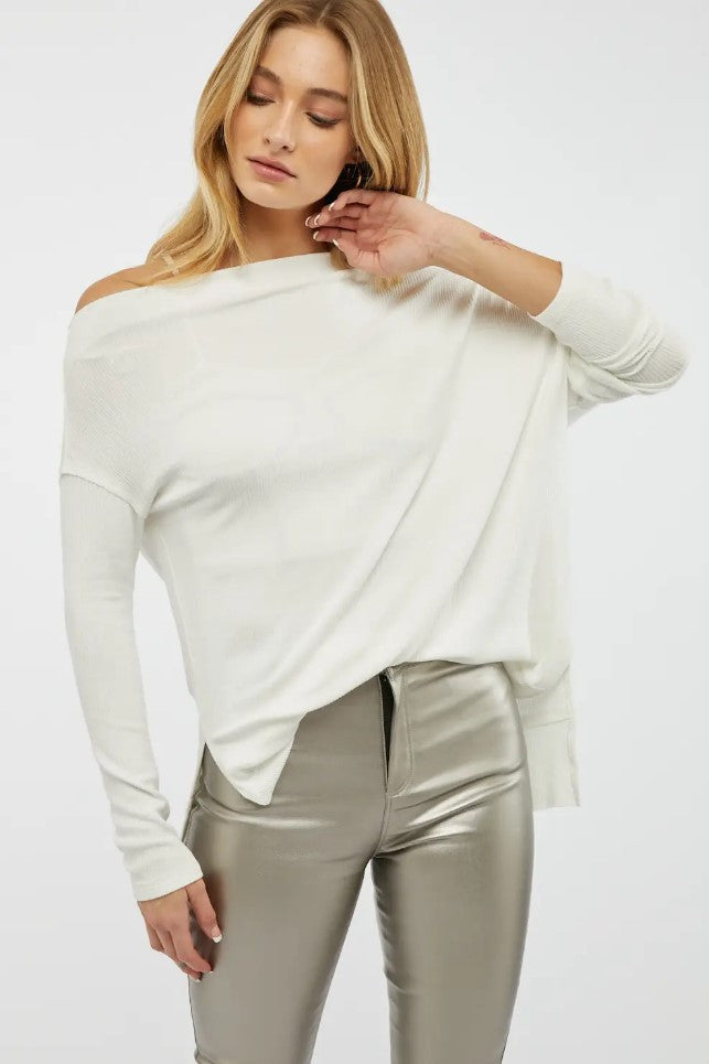 Boat Neck Dolman Sleeve Loose Sweater Top White